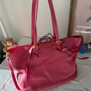 Miu Miu Fuchsia Pebbled Leather Shoulder Tote with Gold Hardware